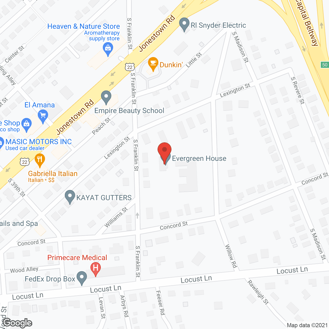 Map of the neighborhood around Colonial Pines Golden Age Home