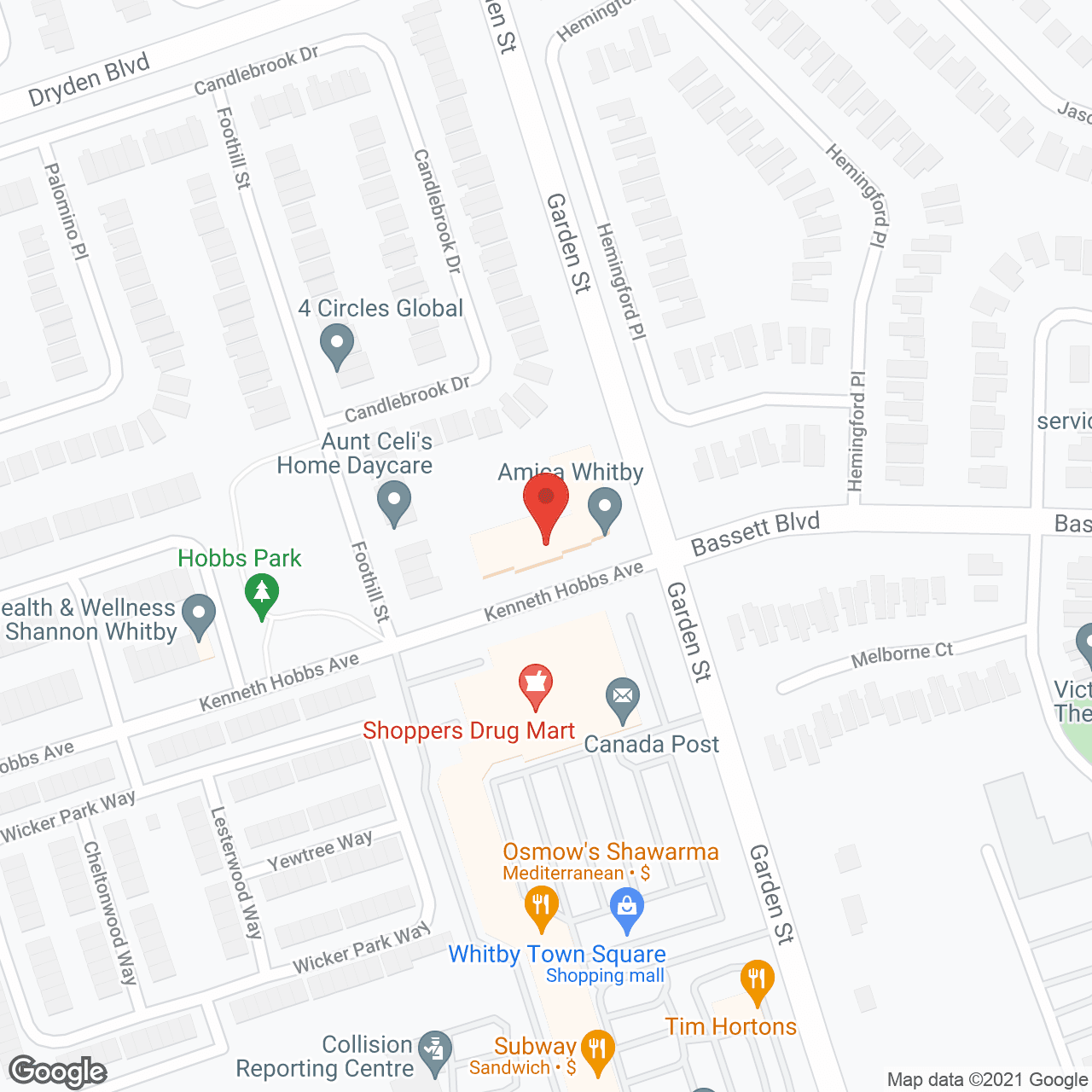 Map of the neighborhood around Amica Whitby