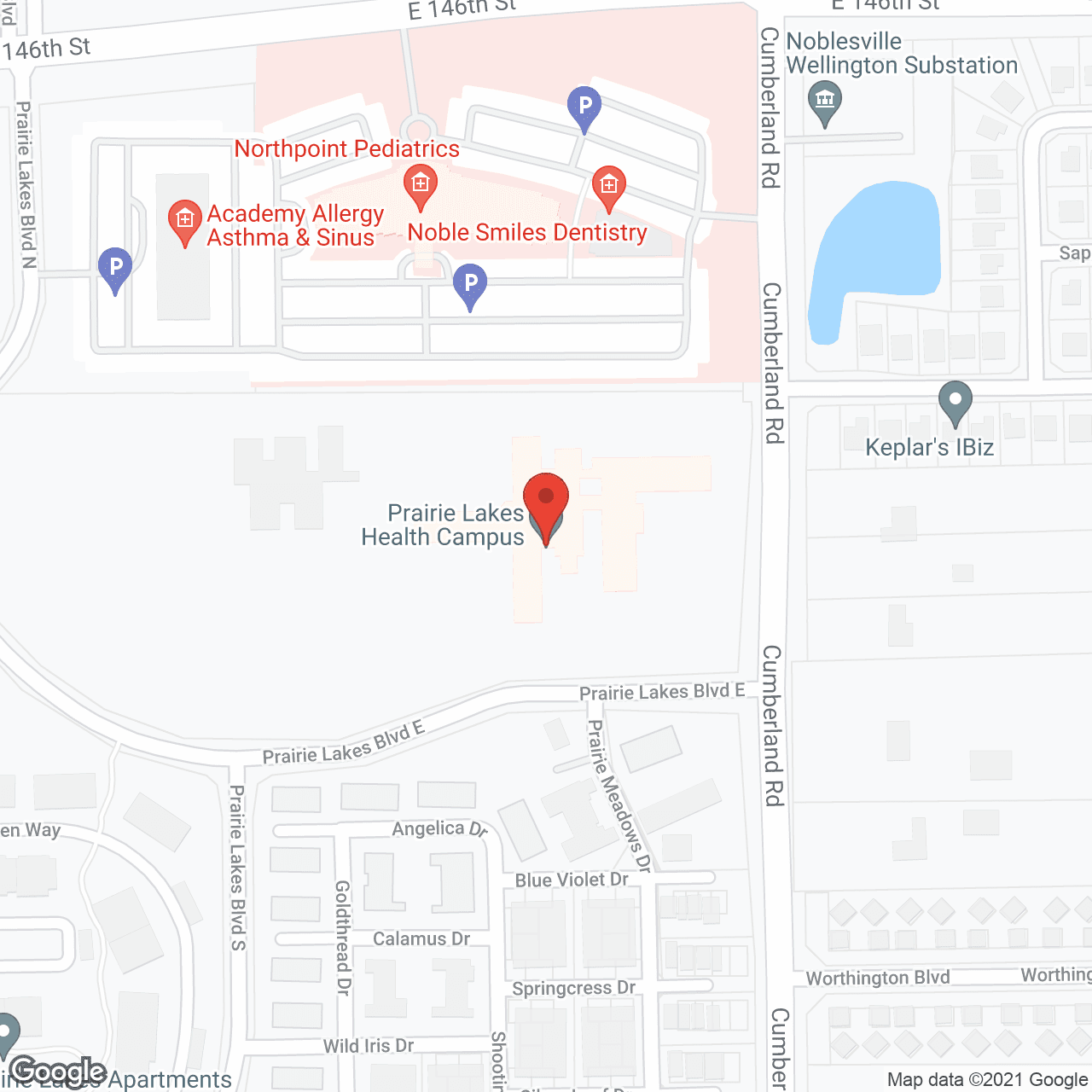 Map of the neighborhood around Prairie Lakes Health Campus
