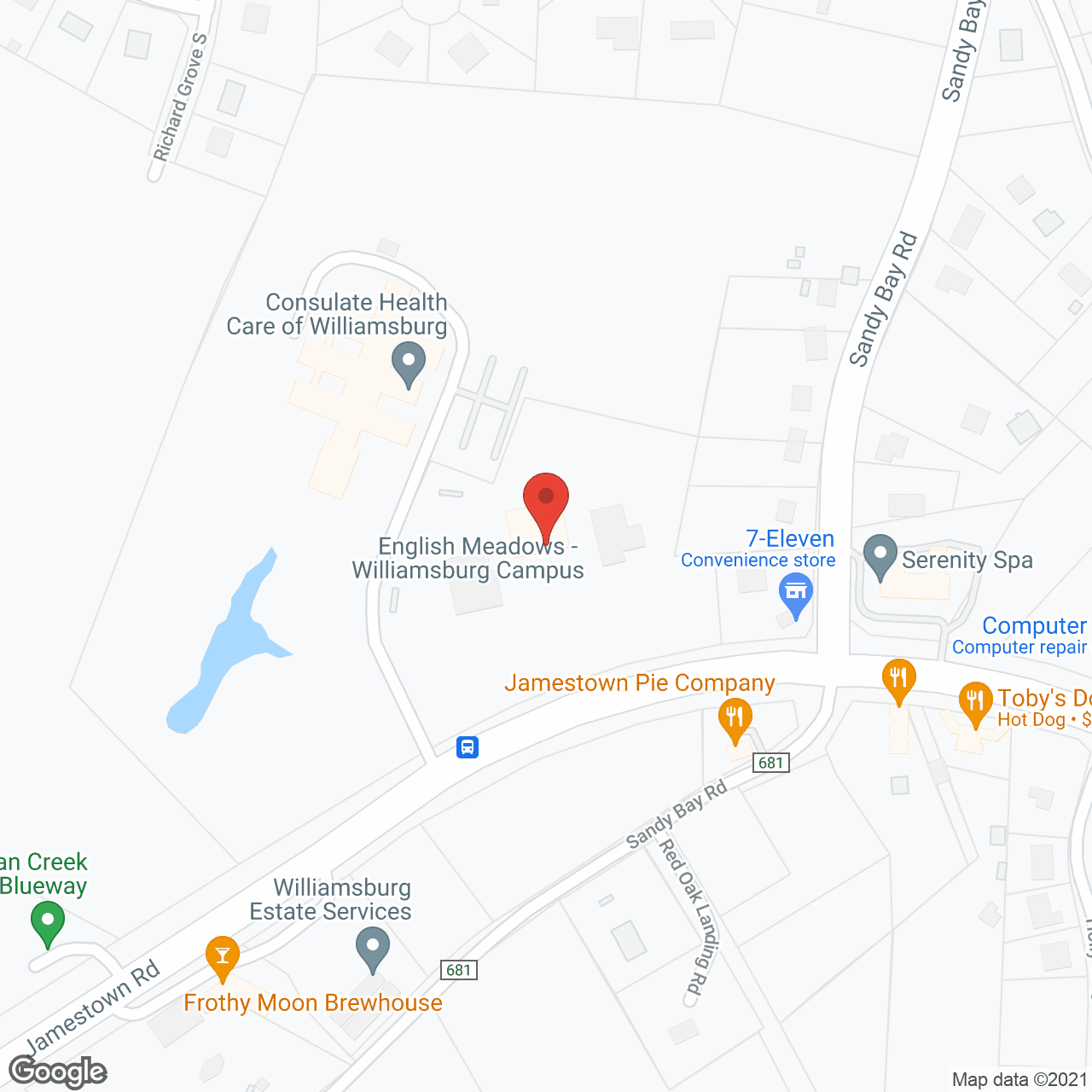 Map of the neighborhood around English Meadows Williamsburg Campus