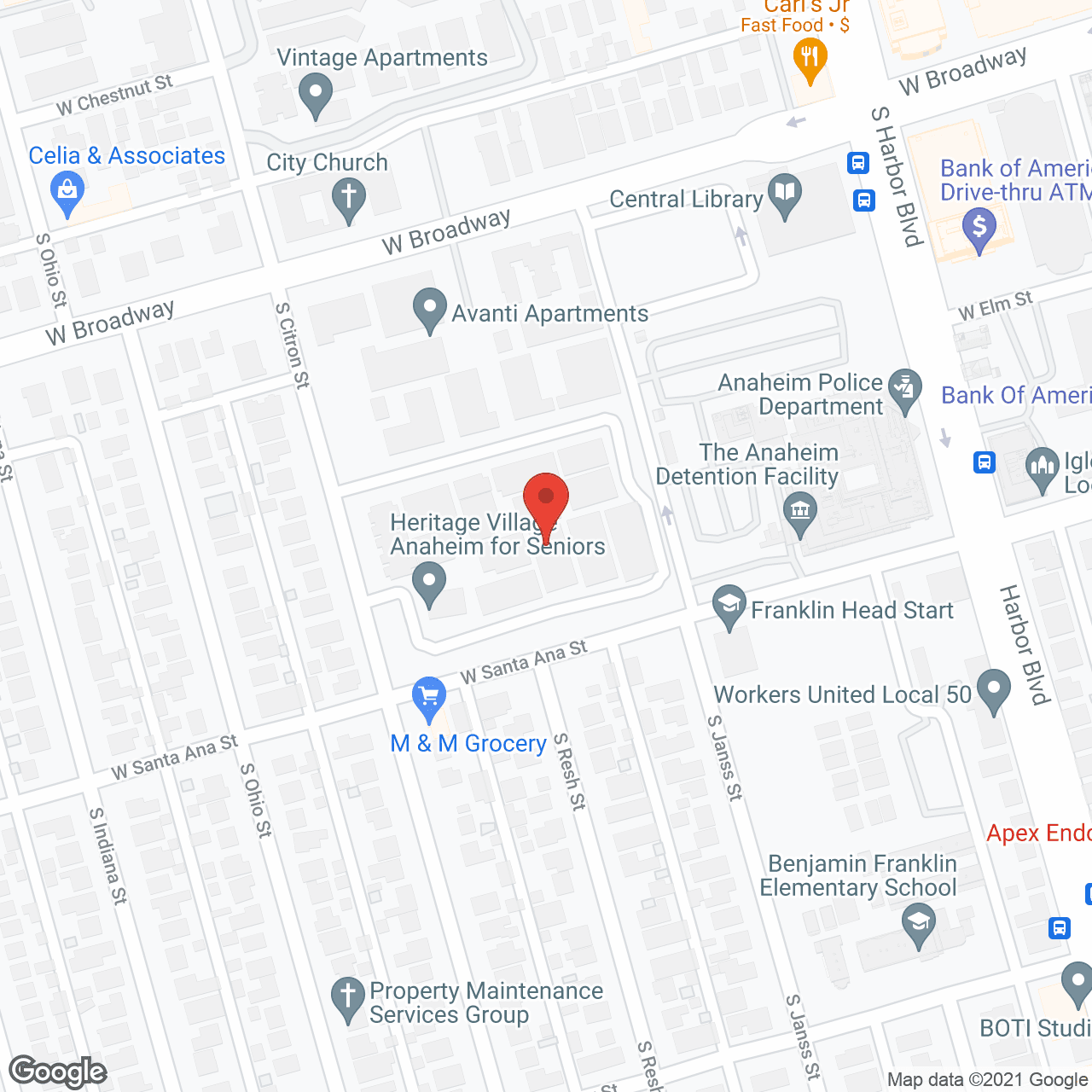 Map of the neighborhood around Heritage Village Senior Community