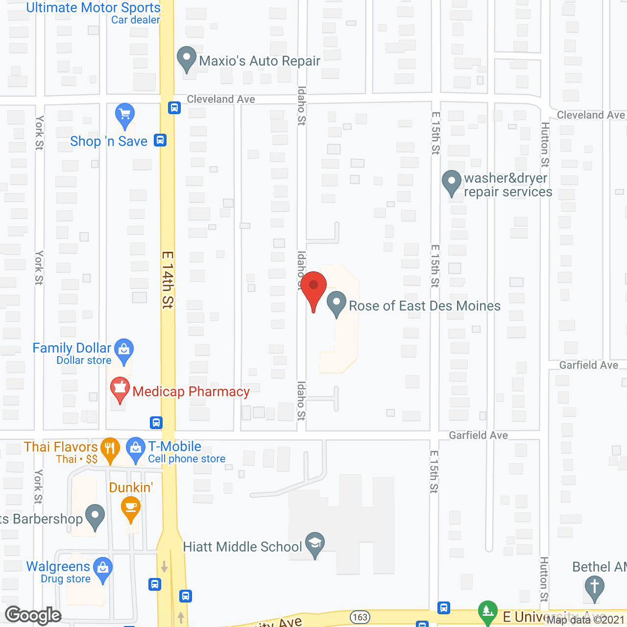 Map of the neighborhood around The Rose of East Des Moines
