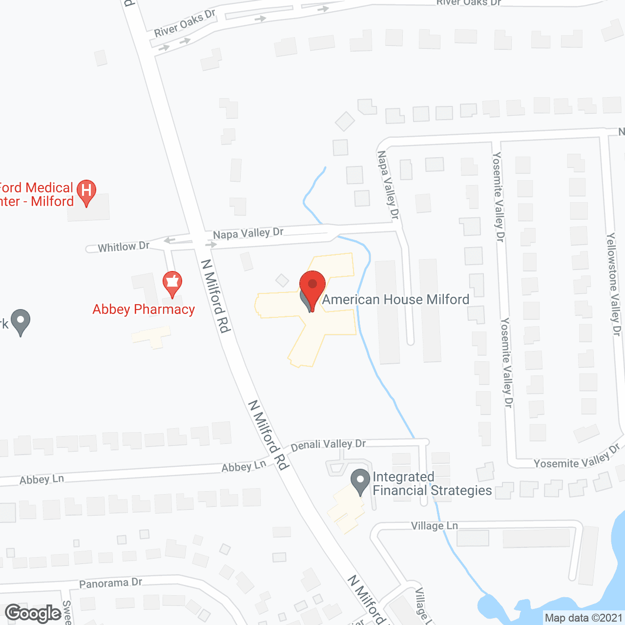 Map of the neighborhood around American House Milford Senior Living