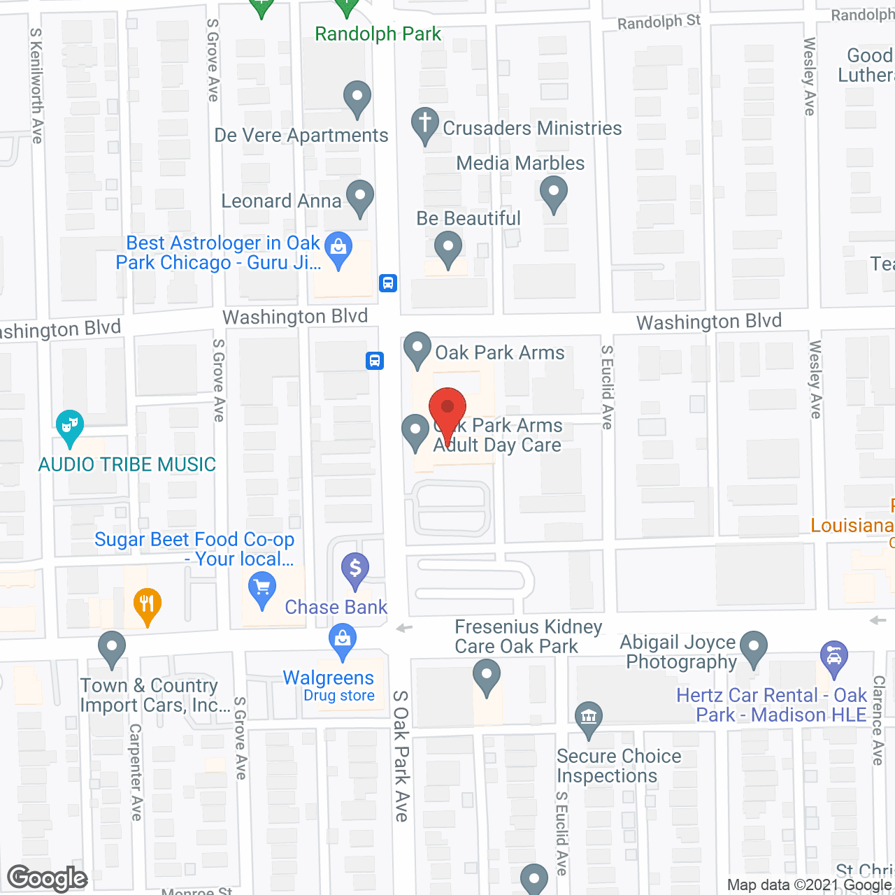 Map of the neighborhood around Oak Park Arms Retirement Community