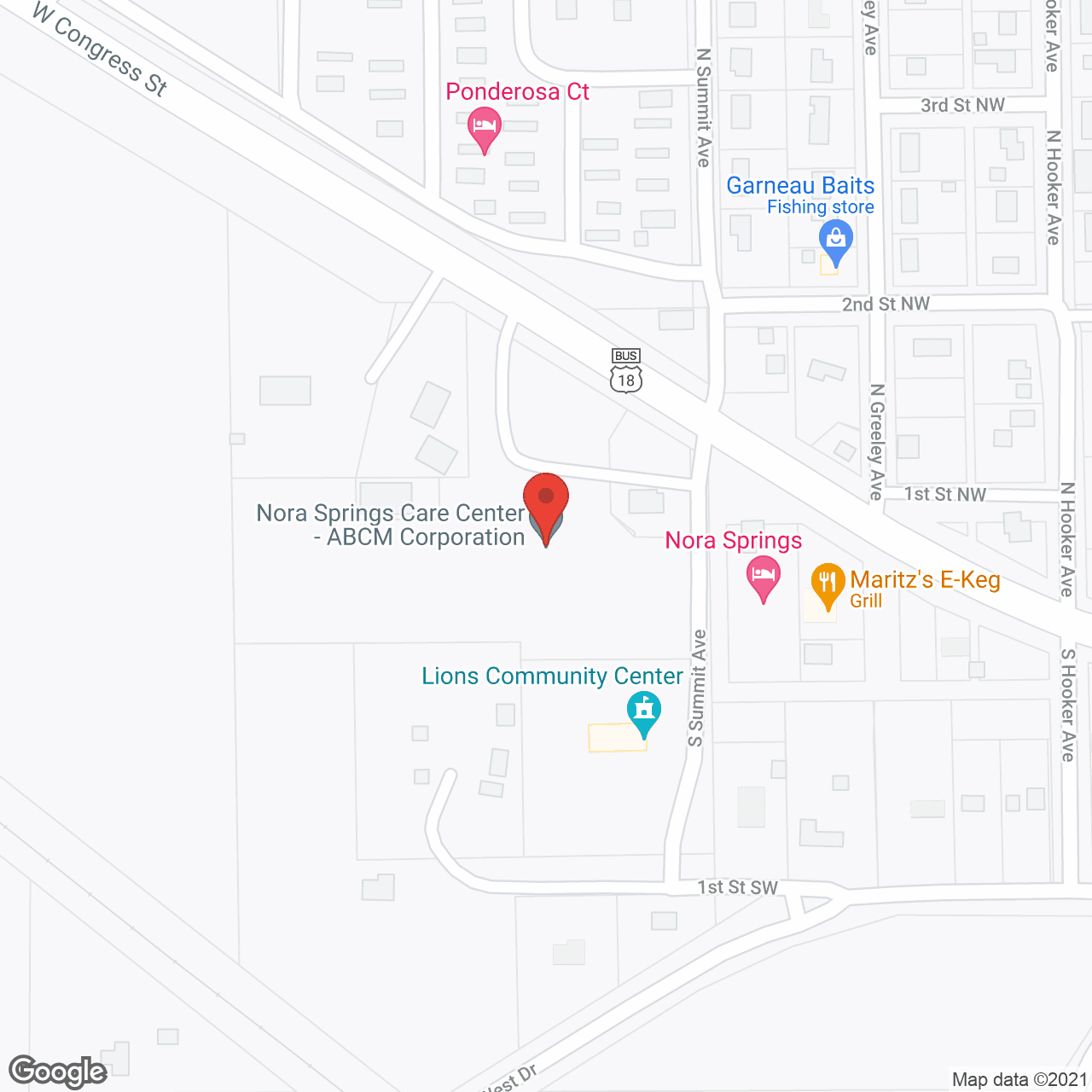 Map of the neighborhood around Nora Springs Care Center
