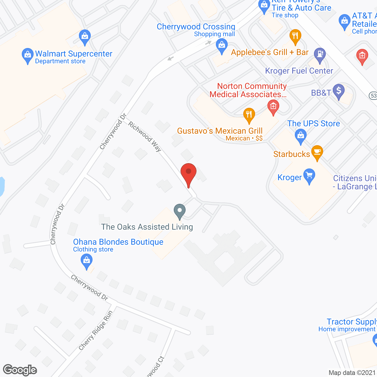 Map of the neighborhood around The Oaks Assisted Living