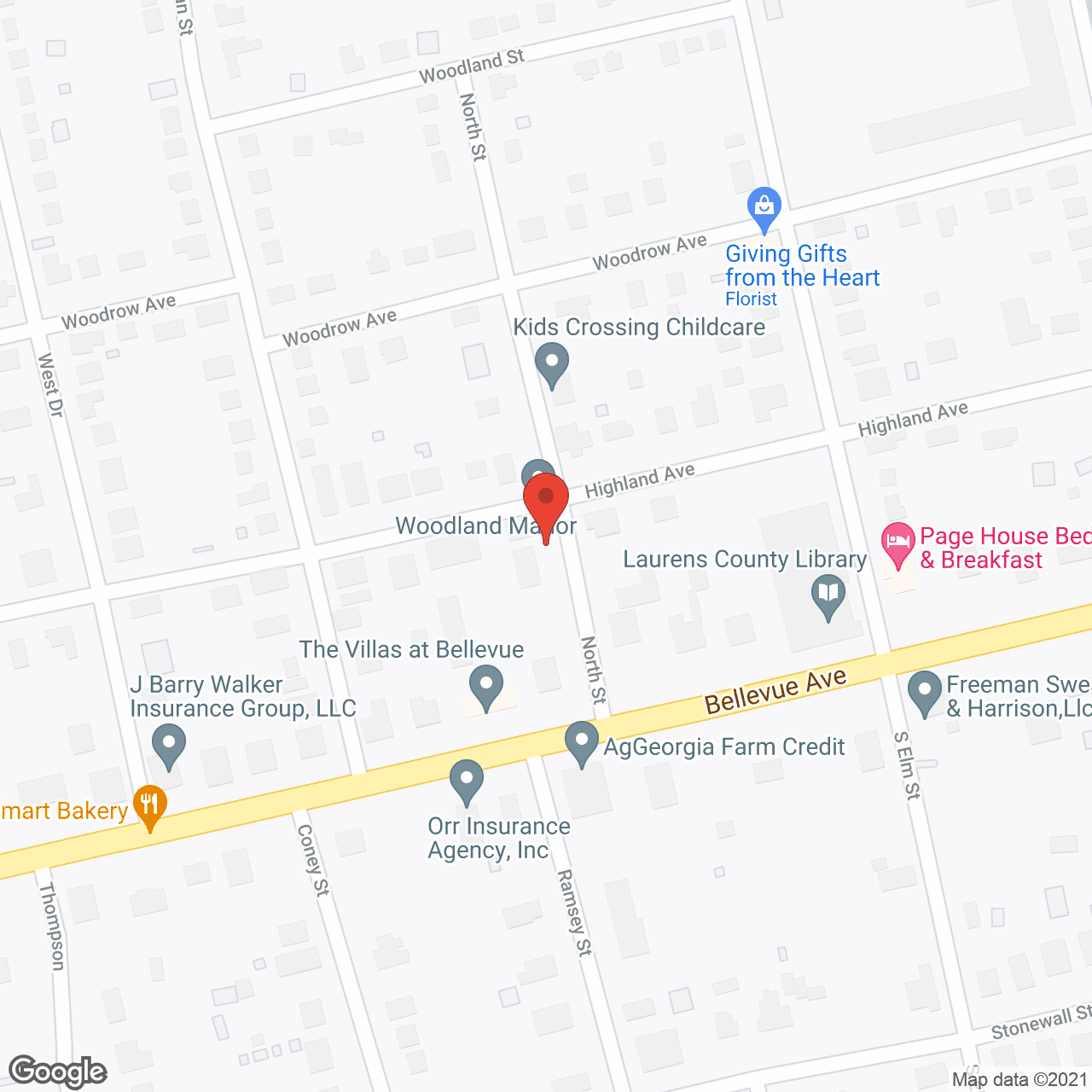 Map of the neighborhood around Woodland Manor Living Ctr