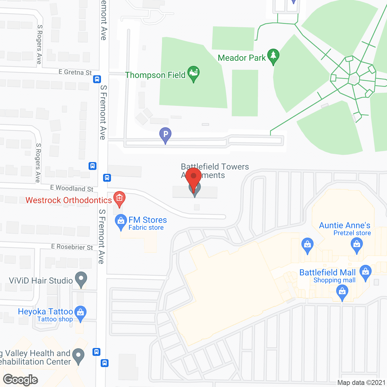 Map of the neighborhood around Battlefield Towers Apartments