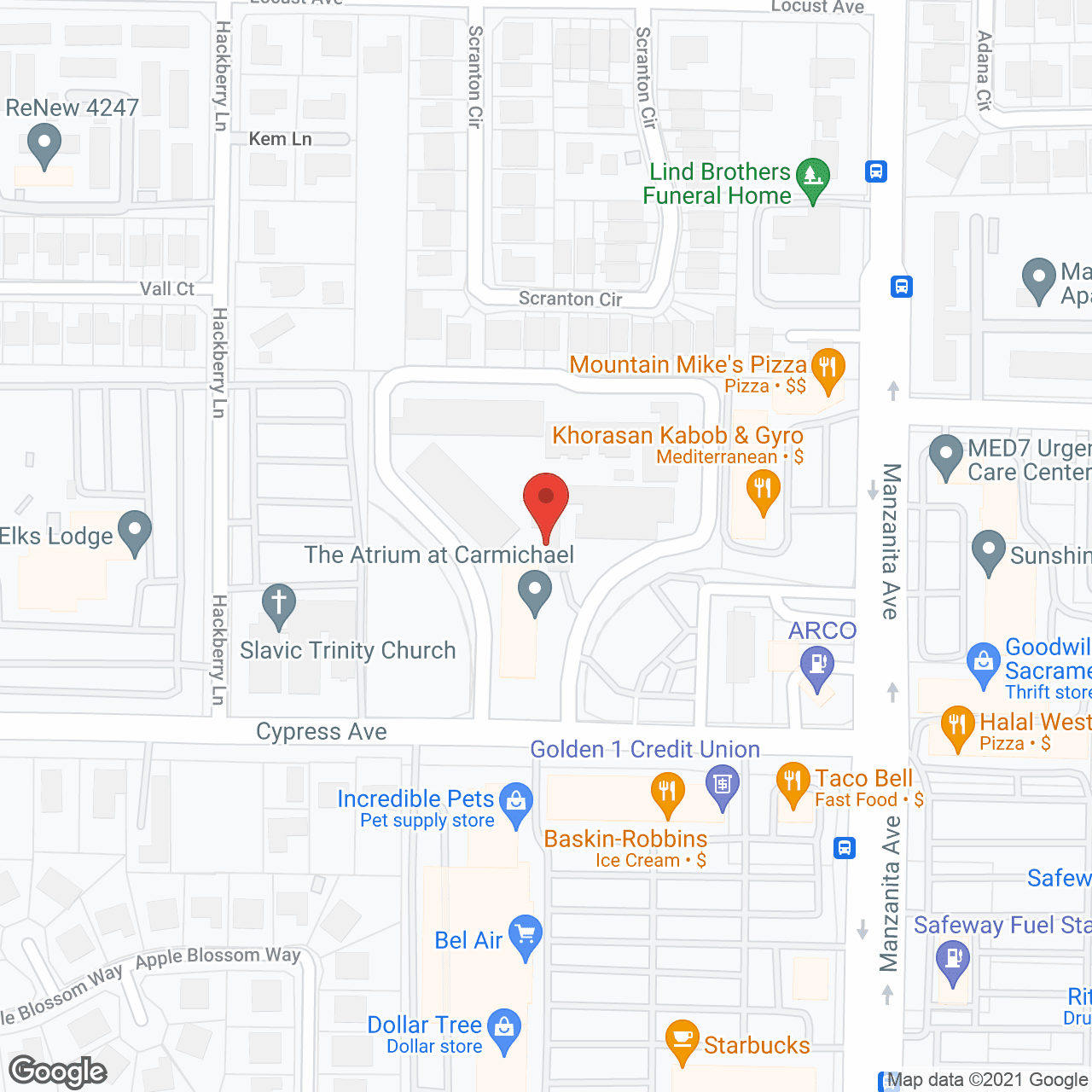 Map of the neighborhood around The Atrium at Carmichael