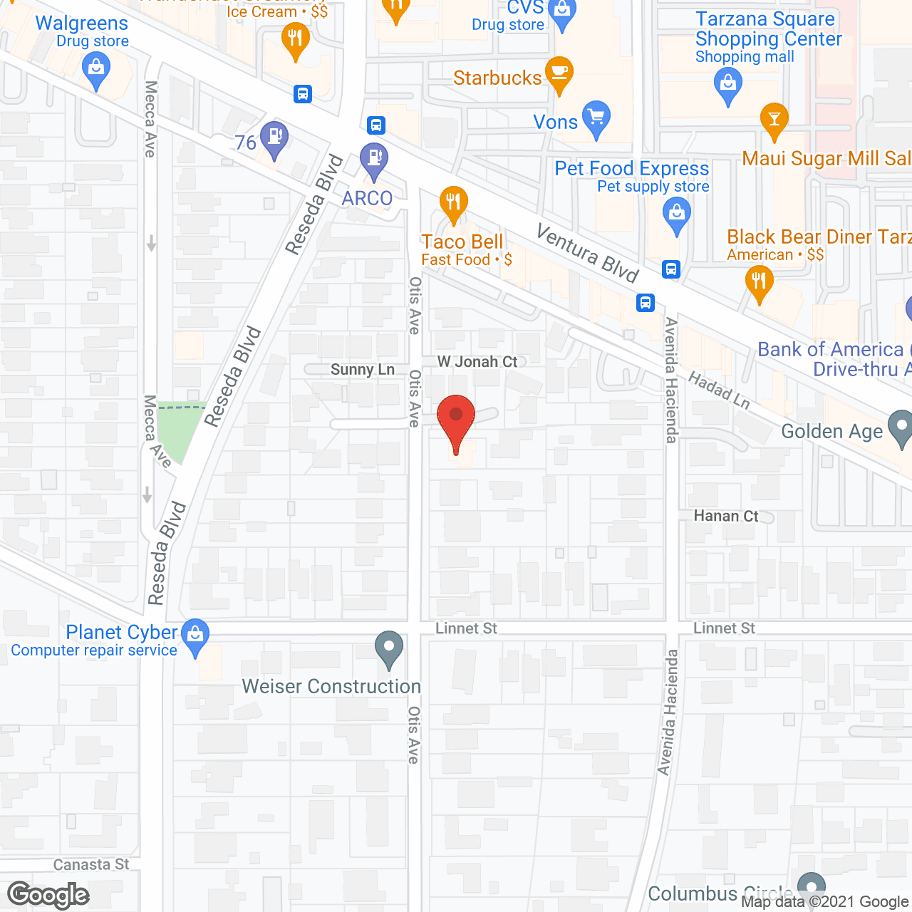 Map of the neighborhood around Tarzana Senior Living