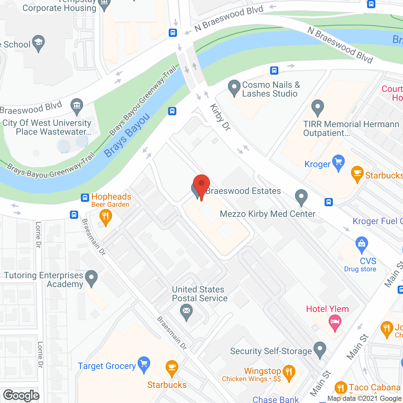 Map of the neighborhood around Braeswood Estates Senior Living